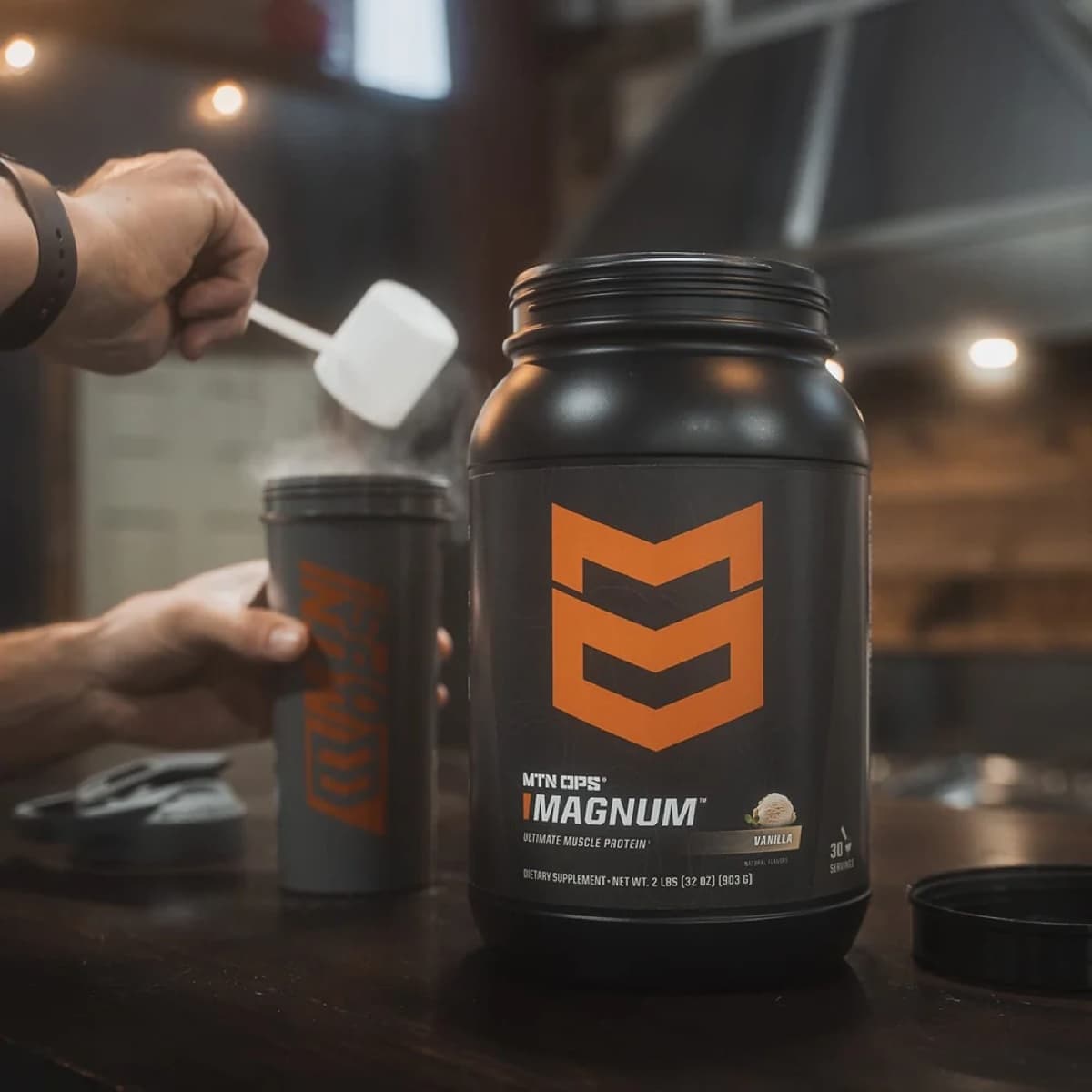 MTN OPS Magnum muscle protein tub and branded shaker - Advirals paid media case study