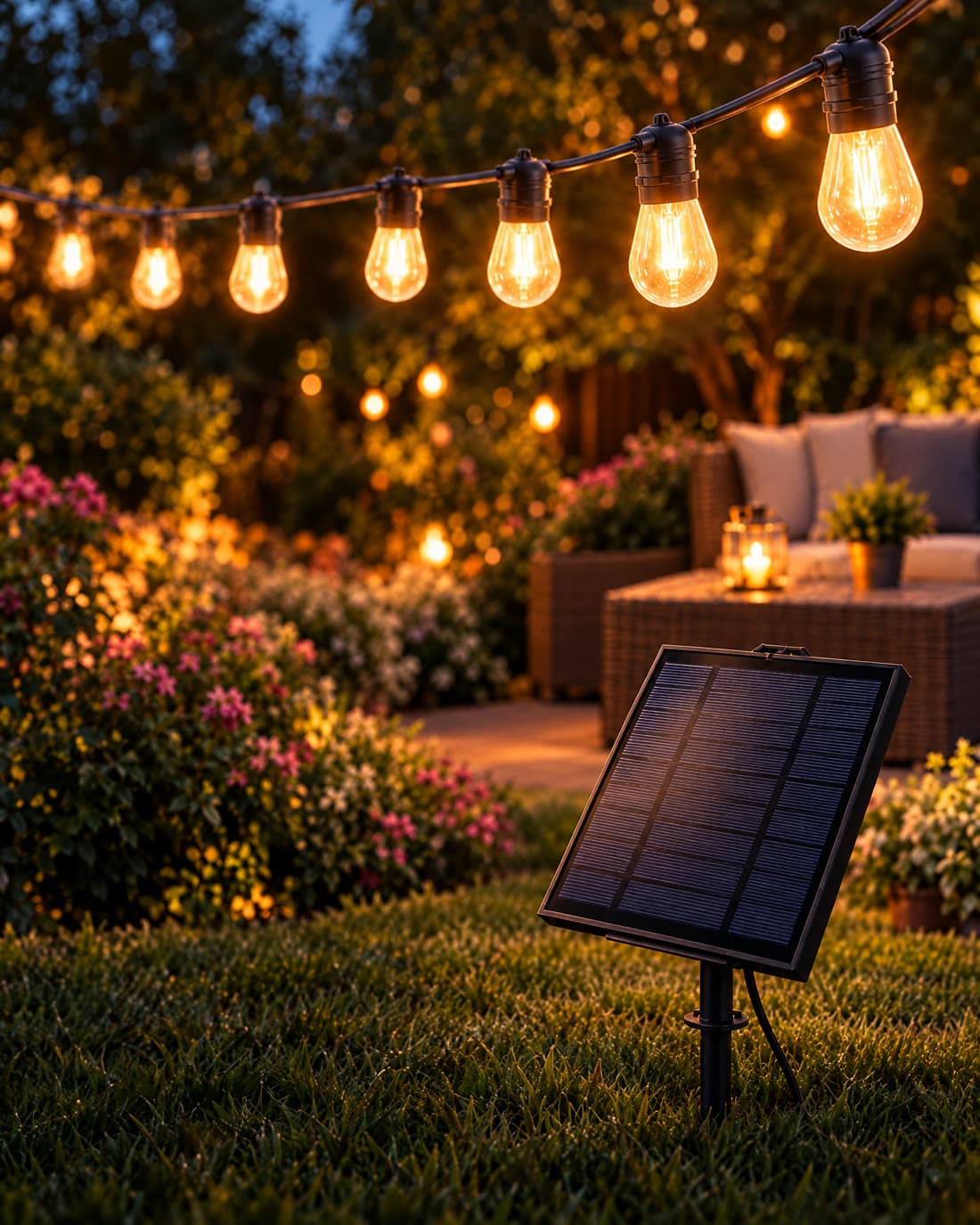 Solar string lights and solar panel in a garden at dusk, Zâna Casei home and garden store - Advirals case study